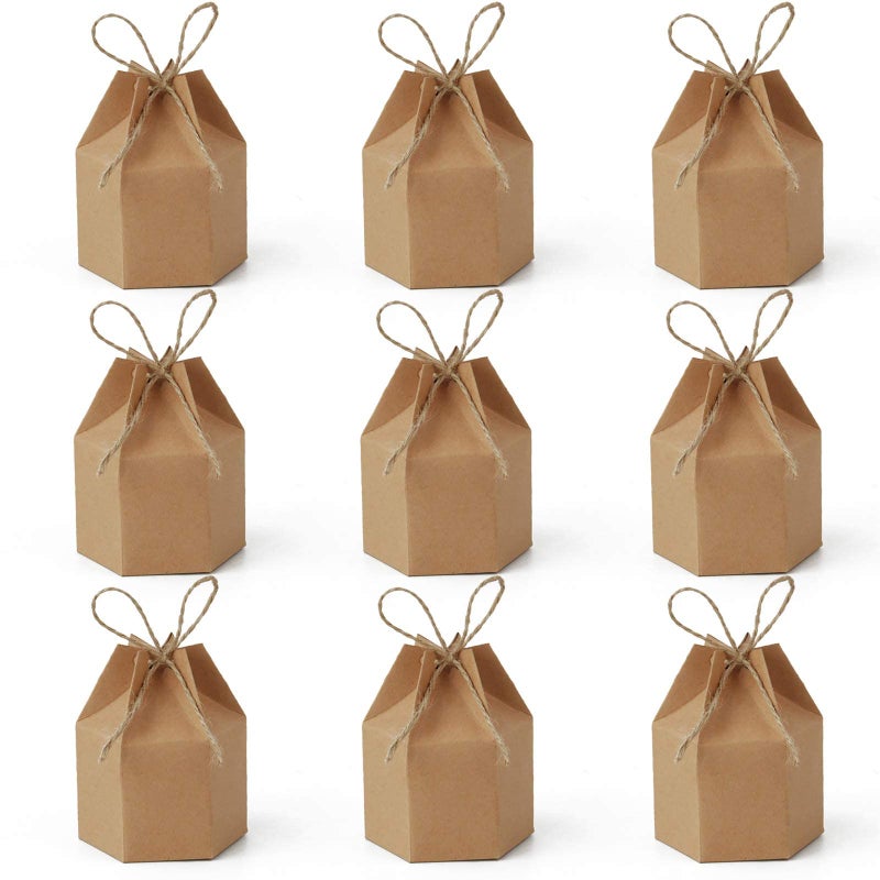 Lamantery Samanter 50Pack Paper Gift Boxes Lantern Hexagon Kraft Paper Package Box with Twine Candy Chocolate Gift Packing Wrap for Wedding Party Christmas Brown - Image 1